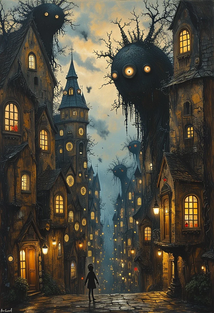 A vibrant and fantastical cityscape filled with intricate clockwork machinery, eerie gargoyles, and whimsical vines, showcasing a sense of dark romance, inspired by Mortensen's iconic use of detailed and imaginative illustrations, featuring mysterious, Victorian-era inspired architecture, strange, glowing luminescent lighting, and a warm, golden color palette, with a sense of mystique and wonder.style of John Kenn Mortensen, midjourneyv6.1, Cinematic style, realism, cinematic quality, K_oilpastel Oilhanfu