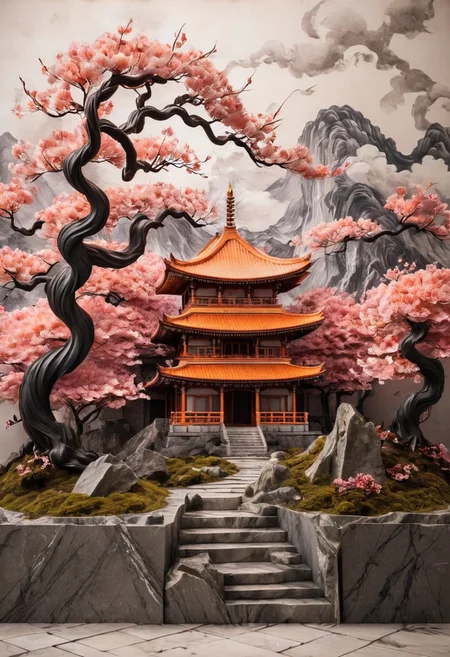 An asian House made of fire and marble, asian sakura landscape in the background, SimpleNegativeV3,zavy-chnsdrgn, masterpiece, award winning, very detailed, porcellana style