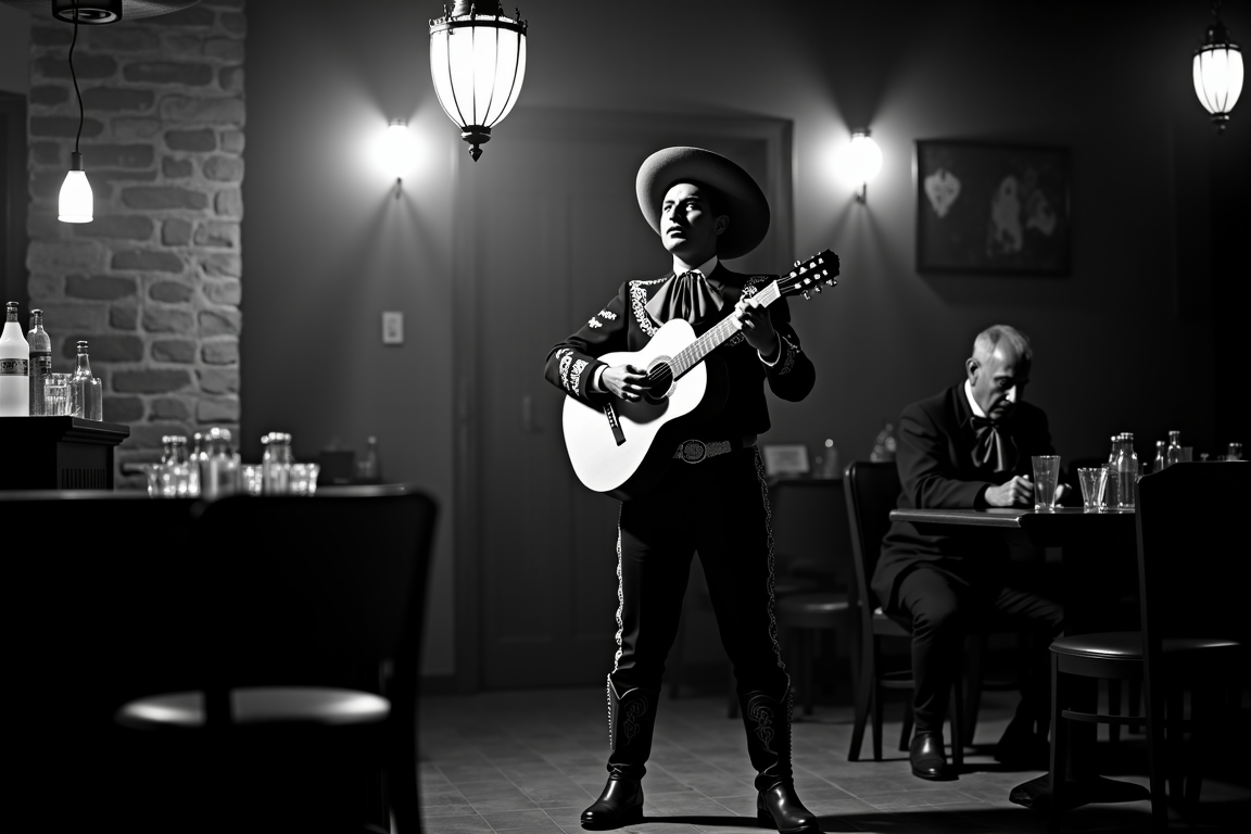 <lora:Mexican Noir Style-flux:1> mxnoirsty, black and white, dark,   Mariachi Lament in a Cantina (Kodak Tri-X 400 Film, Deep Contrast with Spotlight Effect)
A lone mariachi stands beneath a hanging lantern in a dimly lit cantina, his guitar resting on his knee. His traje de charro is impeccably embroidered, but dust from the long road clings to his polished boots. He sings a bolero about lost love, his deep voice filled with sorrow. The light casts dramatic shadows over his face, emphasizing the intensity of his expression. In the background, an old bartender polishes a glass, his gaze filled with knowing sympathy. The camera captures the raw emotion with a high-contrast noir aesthetic, every wrinkle and detail stark against the deep blacks and grays.