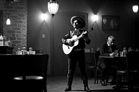 <lora:Mexican Noir Style-flux:1> mxnoirsty, black and white, dark,   Mariachi Lament in a Cantina (Kodak Tri-X 400 Film, Deep Contrast with Spotlight Effect)
A lone mariachi stands beneath a hanging lantern in a dimly lit cantina, his guitar resting on his knee. His traje de charro is impeccably embroidered, but dust from the long road clings to his polished boots. He sings a bolero about lost love, his deep voice filled with sorrow. The light casts dramatic shadows over his face, emphasizing the intensity of his expression. In the background, an old bartender polishes a glass, his gaze filled with knowing sympathy. The camera captures the raw emotion with a high-contrast noir aesthetic, every wrinkle and detail stark against the deep blacks and grays.