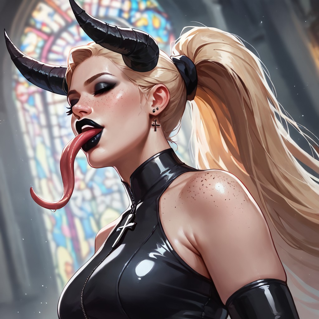 score_8_up, score_7_up, score_6_up, score_9, score_9, score_8_up, score_7_up, score_6_up, raw, 1girl, (the devil), blonde, (((massive devils horns))), solo, ((high ponytail)), very long hair, straight hairs, freckles on face, freckles on shoulders, average breasts, eyes closed, large tongue, long tongue, orgasmic face, black makeup, posing, average breasts, black lipstick, latex suit, crosses, (((in church))), ((lips focus)), close:1.5 view, low view, side view, ((dark)), lack of light, ((focused light)), <lora:Lunas-K3nnyn3v-SDXL-A1:1> <lora:KrekkovXL:1> <lora:hutagoXL:1>