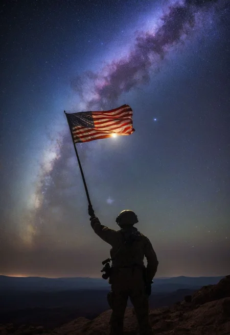 a soldier silhouette holding a (((us flag:1.2)) has 13 stripes, 50 stars) overlooking desolate ((volcanic)) valley, (deep space, deep galactic travel background), Dark and evil glow, glow neon paint, dark, surrealism, defined sharp edges, mystical, psychedelic art
