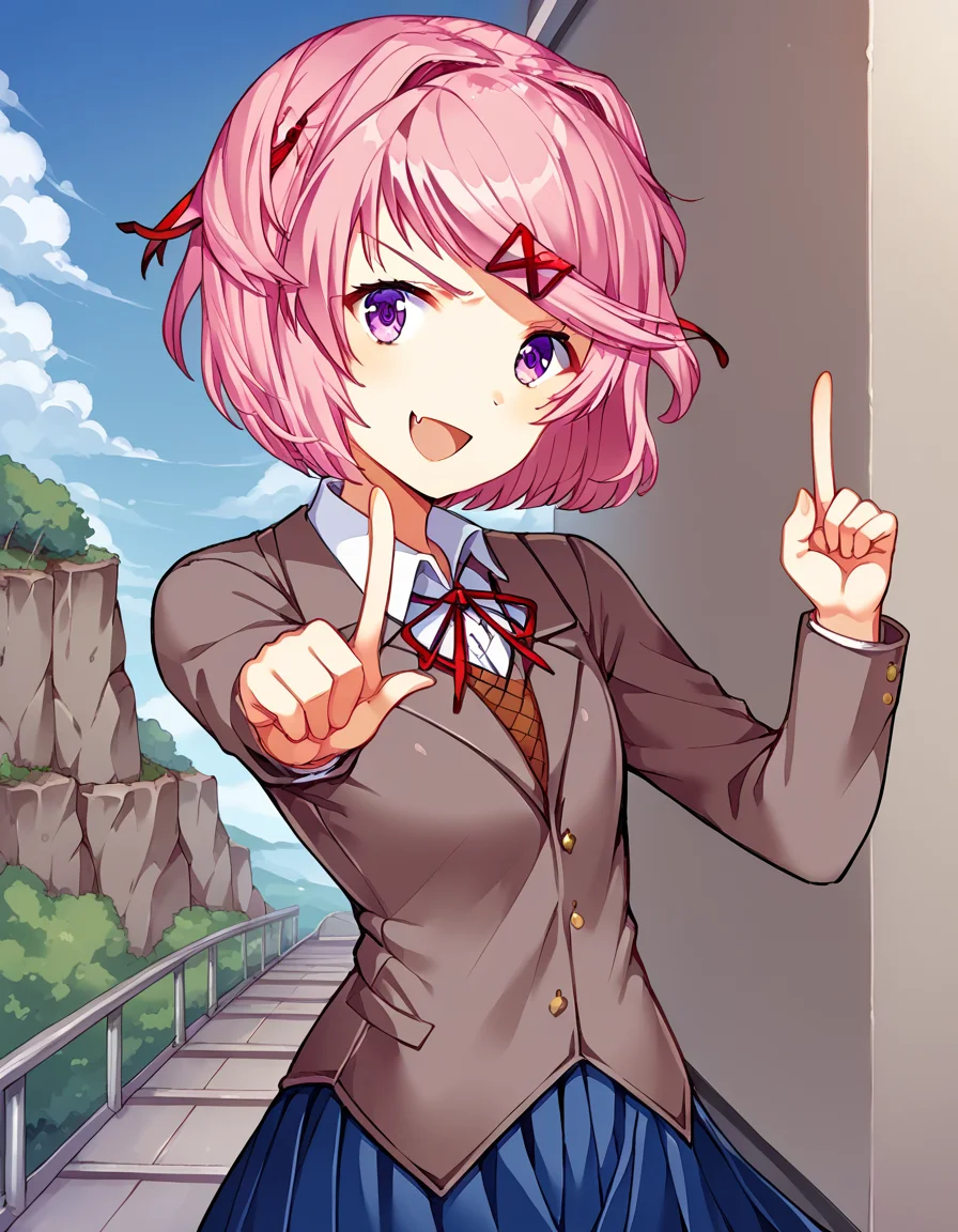 score_9, score_8_up, score_7_up, source_anime, <lora:ddlc-natsuki-ingame-ponyxl-lora-nochekaiser:1>, natsuki, fang, hair ornament, pink hair, purple eyes, short hair, short sidetail, swept bangs, x hair ornament,, blazer, blue skirt, brown jacket, collared shirt, jacket, long sleeves, miniskirt, neck ribbon, pleated skirt, red ribbon, ribbon, school uniform, shirt, skirt, swept bangs, vest, white shirt, wing collar,, cliff, height, rocks, nature, sky, , <lora:koi-dance-ponyxl-lora-nochekaiser:1>, koi dance, index finger raised, dancing, outstretched arm, pointing at viewer, pointing, pointing up,, looking at viewer, solo,, dutch angle, cowboy shot