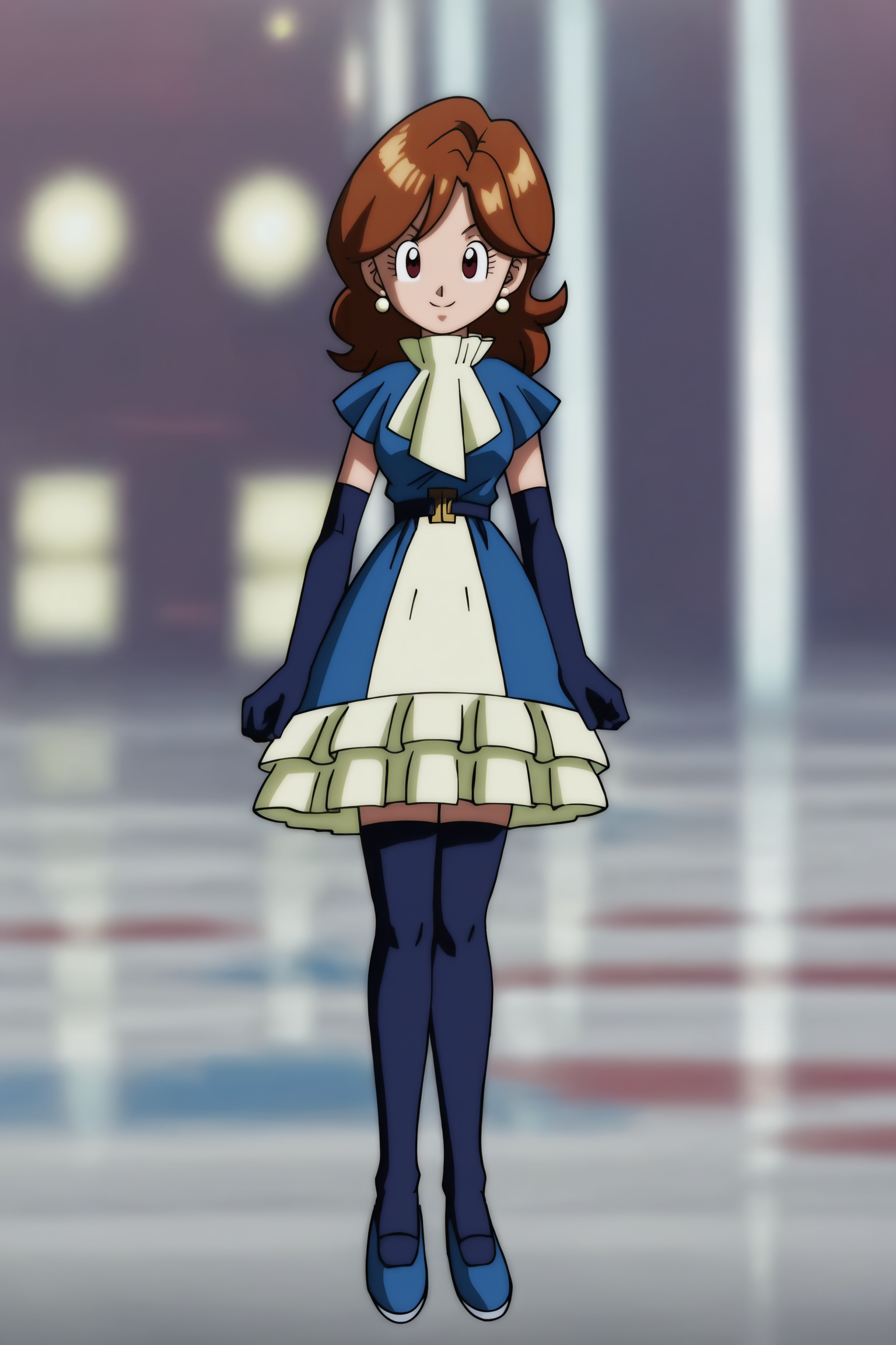 source_anime, score_9, score_8_up, score_7_up, anime screencap, absurd res, high quality,
sanka coo, 1girl, solo, looking at viewer, smile, brown hair, thighhighs, gloves, dress, brown eyes, jewelry, earrings, one eye closed, elbow gloves, ascot, standing on one leg, own hands together, blue dress, blue armwear, blue footwear, blue legwear, eyelashes, frills, cowboy shot, happy, closed mouth, raised eyebrows, shoes, shaded face, small breasts, yellow ascot, short sleeves
 <lora:Kamikaze_Fireballs_v1:0.8>