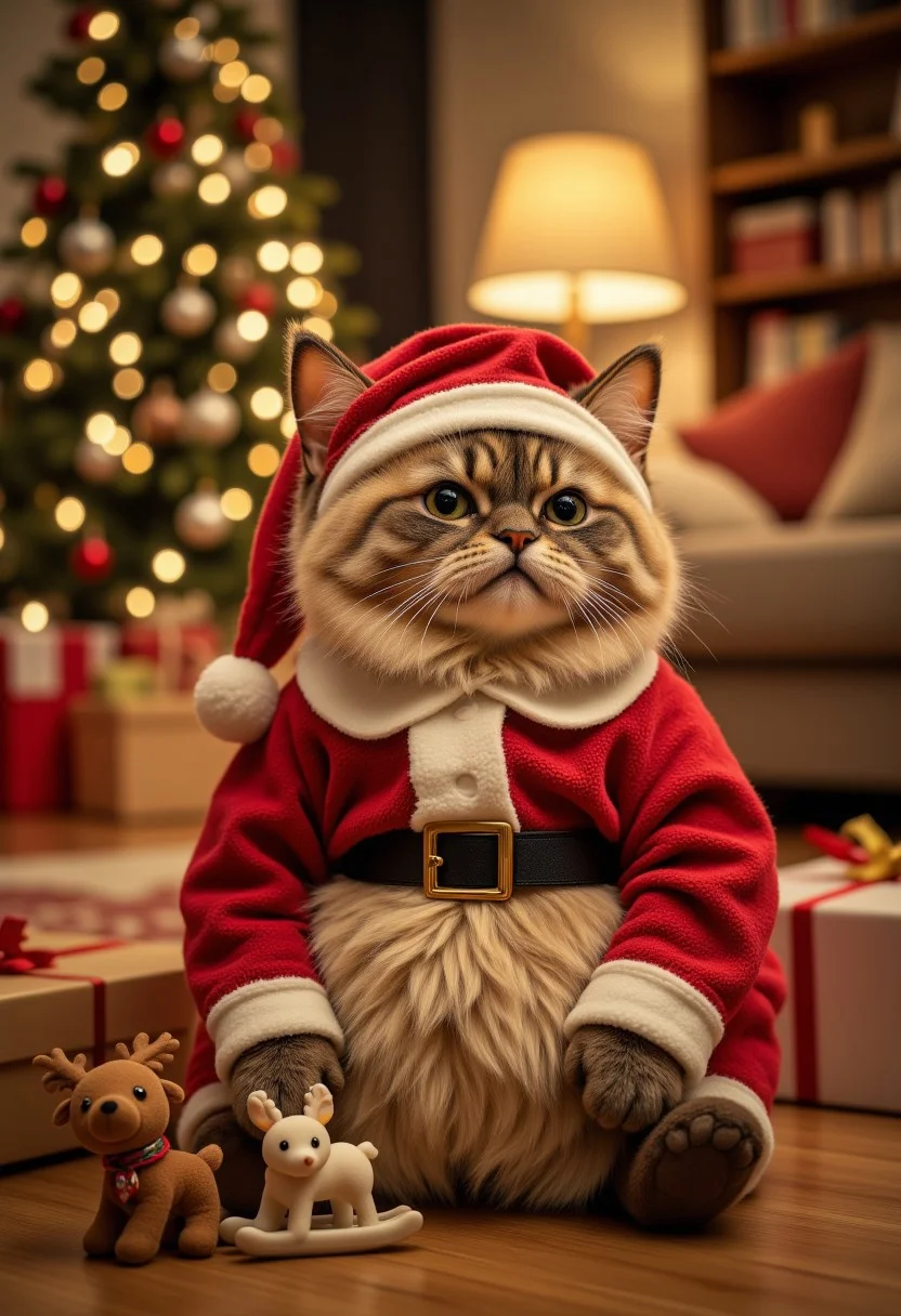 A chubby, disgruntled cat sits awkwardly in a snug Santa outfit, the too-small red Christmas hat drooping over one ear. The ill-fitting costume emphasizes its round belly, adding to its comically annoyed expression. Surrounding the cat are adorable plushies of a sled and tiny reindeer, arranged playfully in front of it. The scene is set in a warm, festive living room with a glowing Christmas tree adorned with sparkling ornaments and twinkling lights in the background. Scattered presents and soft golden lighting enhance the cozy yet hilariously awkward vibe, making the cat’s unhappiness the center of attention.
(dutch angle, depth of field, perspective, side view, cinematice lighting)