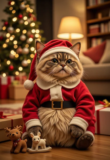 A chubby, disgruntled cat sits awkwardly in a snug Santa outfit, the too-small red Christmas hat drooping over one ear. The ill-fitting costume emphasizes its round belly, adding to its comically annoyed expression. Surrounding the cat are adorable plushies of a sled and tiny reindeer, arranged playfully in front of it. The scene is set in a warm, festive living room with a glowing Christmas tree adorned with sparkling ornaments and twinkling lights in the background. Scattered presents and soft golden lighting enhance the cozy yet hilariously awkward vibe, making the cat’s unhappiness the center of attention.
(dutch angle, depth of field, perspective, side view, cinematice lighting)