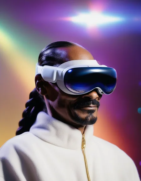 snoop dogg is wearing vsnz headset , galaxy in background, rim light  <lora:AppleVisionProDoguXL_vsnz:1>