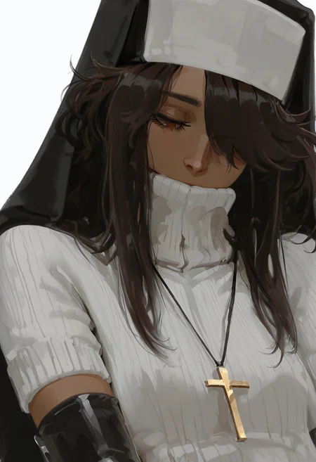 masterpiece, best quality, amazing quality, <lora:carlini_illustrious:0.8>, Carlini, dark skin, brown hair, long hair, hair over one eye, brown eyes, habit, nun , nun dress, elbow gloves, simple background, white background, sweater, eyelashes, turtleneck, looking down, half-closed eyes, portrait, pale skin, close-up, covered mouth, white sweater, long eyelashes,
wlop, nhl-001, limited palette, realistic <lora:noobai_ep11_stabilizer_v0.138_fp16:0.3> <lora:NOOB_vp1_detailer_by_volnovik_v1:0.3> <lora:nhl-002-nai:0.7> <lora:nhl-001-20:0.8> <lora:XXX667:0.6>