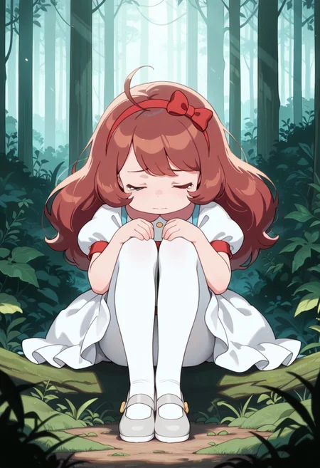 masterpiece,best quality,
bandpc, b33, 1girl, solo, little girl, child, blue eyes, brown hair, long hair, red hairband, red hair bow, white dress, short sleeves, puffy sleeves, red belt, white pantyhose, silver flat shoes, sitting, hugging her knees, eyes closed, sad, tears, forest, upper body, closeup,