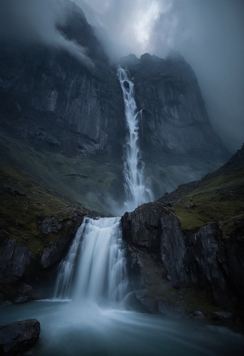 max rive.
Captured by the Sony A7IV with a 20mm G Master lens at a wide aperture of F1.5, this haunting scene of the misty waterfall nestled between towering mountains is enveloped in a moody and melancholic atmosphere, enhanced by long exposure photography. The waterfall, a majestic cascade of water tumbling down from the heights above, is shrouded in a veil of mist, adding an ethereal quality to the landscape.