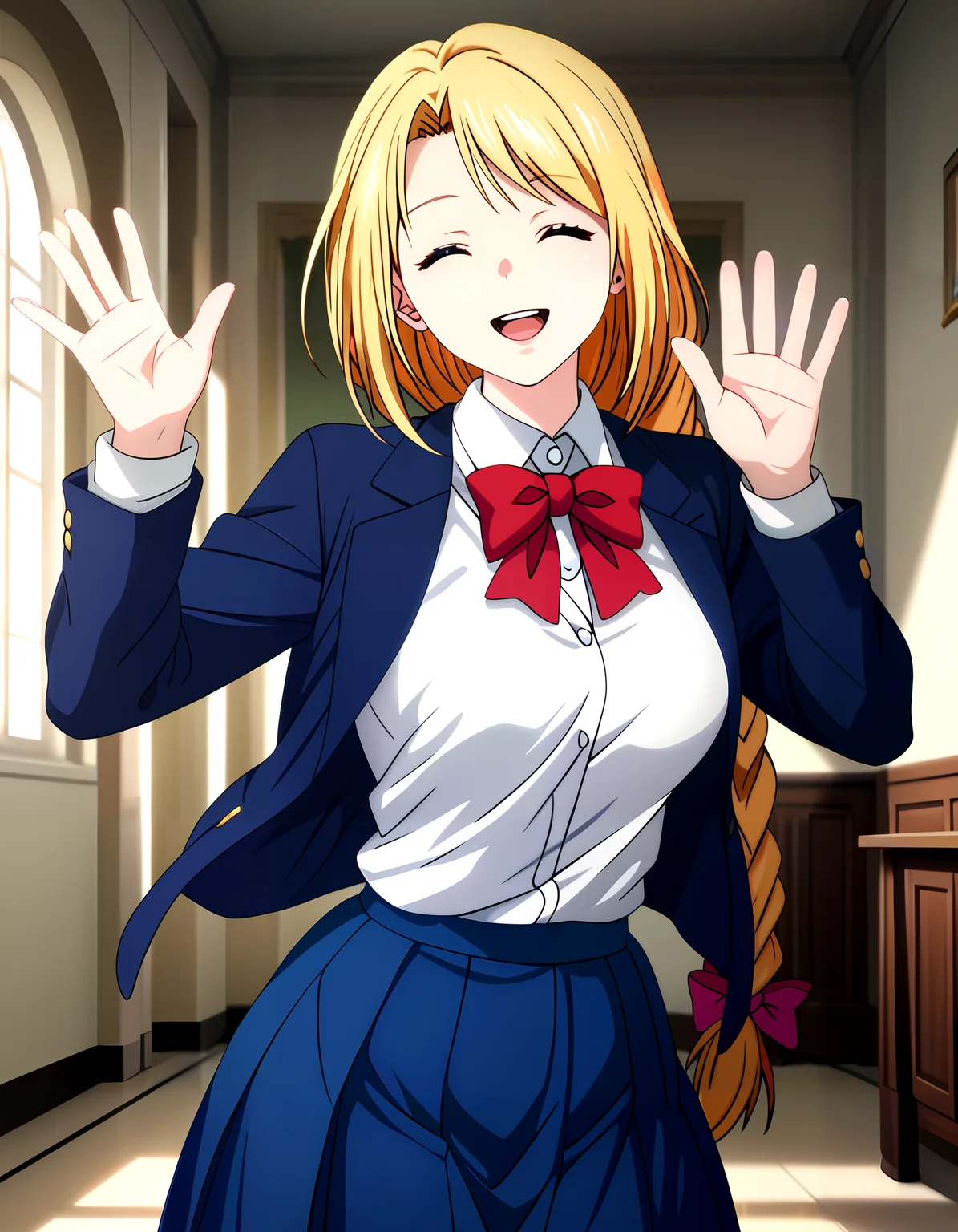 embedding:zPDXL2, score_9, score_8_up, score_7_up, BREAK source_anime,best quality, masterpiece,(anime screencap:0.5), hi res, best quality, very aesthetic, absurdres, 8k, rating_explicit, Gntk,rkmls,Fkmk,fkmk,Gtlsk,sjk,frngc,
long_eyelashes,
1girl, virgin,
narrow waist,wide_hips, hip_dips,skinny_female,
curvy,glamorous,slender,voluptuous,
large_breasts,
happy,smile,closed_eyes,
waving,, Alisa_Ichimiya, single_braid,
shirt,long sleeves, school uniform, white shirt, blue jacket, blazer, red bowtie, blue skirt,
cowboy_shot,, fantasy,indoors