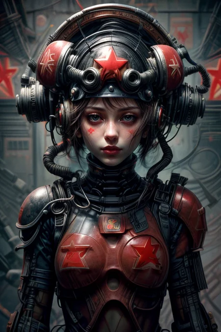 SCI-FI,
cowboy shot,thigh gap,
femenine cyborg,helmet with antenna,mask,armor,
cyberpunk,neon,
high technical room background,
<lora:Concept_-_Hella-sthetic_v2:0.7>,
(USSR,red star \(symbol\):1.5),<lora:Concept_-_More_Details_v1.0:1>,, intricate, elegant, highly detailed, symmetry, magical atmosphere, sharp focus, majestic, very coherent, radiant, advanced, cinematic, artistic, fine detail, winning, beautiful, stunning, dramatic light, designed, rich deep colors, perfect professional background, ambient, tailored set composition