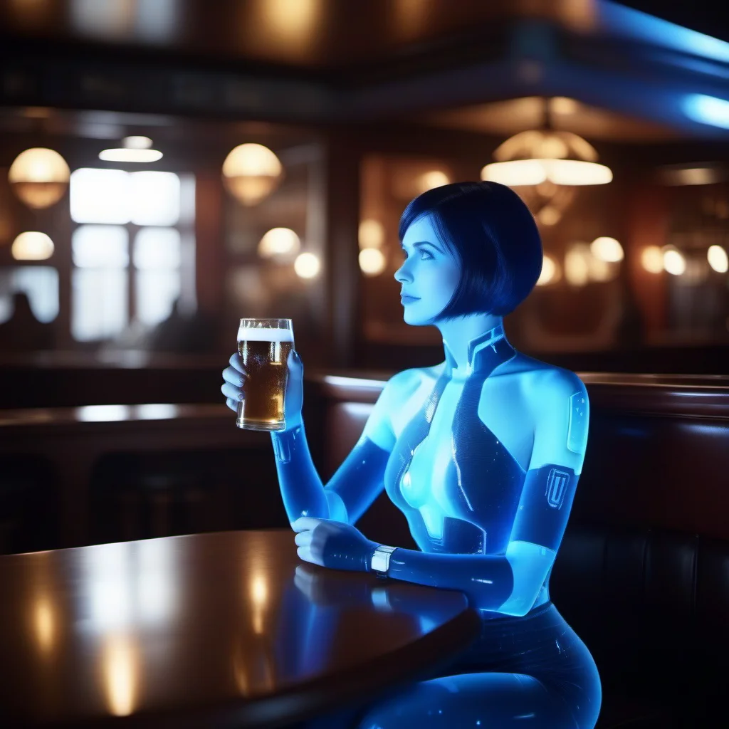 cinematic photo 1girl, short hair, blue skin, science fiction, hologram, having a beer in a pub <lora:Cortana1024:0.8> . 35mm photograph, film, bokeh, professional, 4k, highly detailed