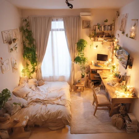 best quality, ultra-detailed,
JJROOM, scenery, lamp, bed, window, cup, chair, table, indoors, curtains, book, bedroom, plant, pillow, day, bag, realistic,
<lora:jyoshi_no_heya_SDXL_V1:1>