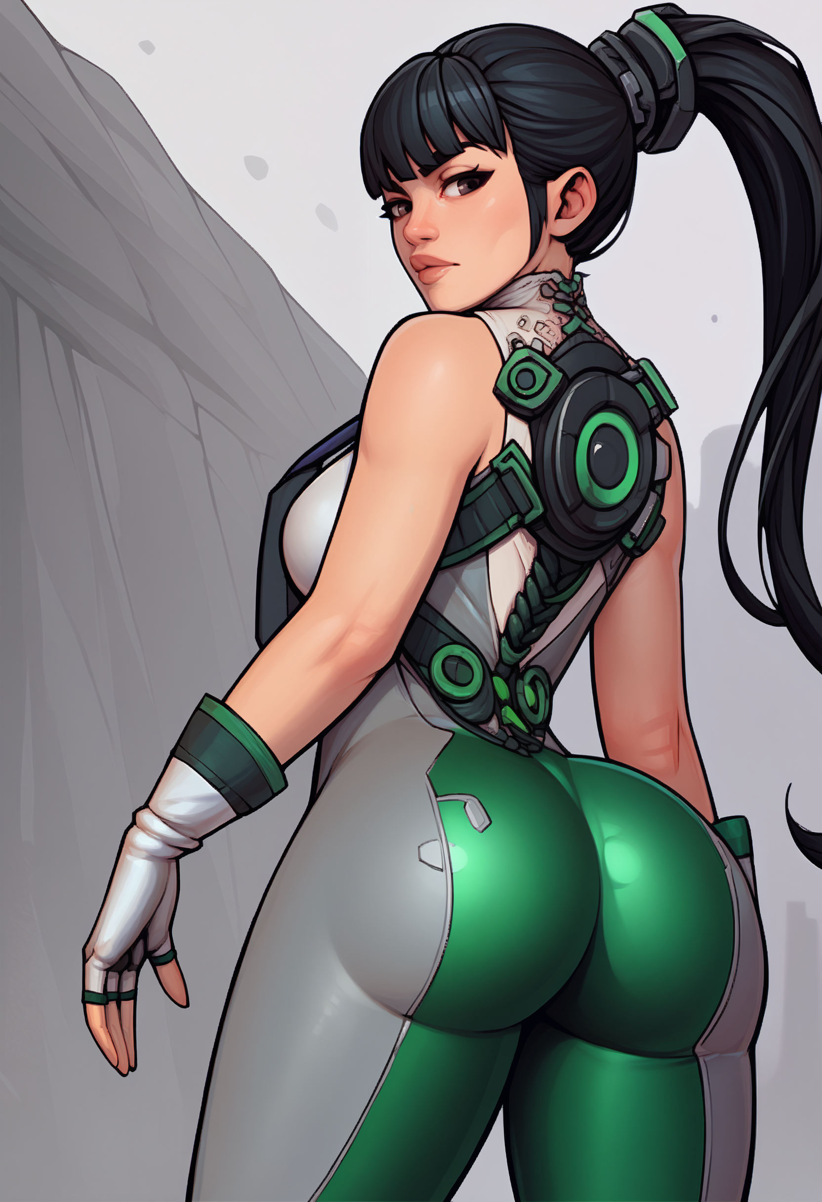 score_9, score_7_up, <lora:warlockandboobs-guy-PONY-DORAv1:1>, 1girl, solo,  <lora:sbeve-pdxl-nvwls-v1:1> defEve, black hair, long ponytail, necktie, green and white bodysuit, sleeveless, fingerless gloves, grey pants, ass, from behind, looking at viewer, looking back,