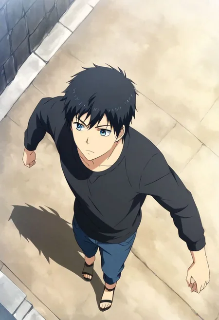 high resolution, solo, best quality, 1Boy, Arata Kaizaki, Black Hair, Blue Eyes, casual, seen from above, gangster, dominant, intimidate, OverallDetail