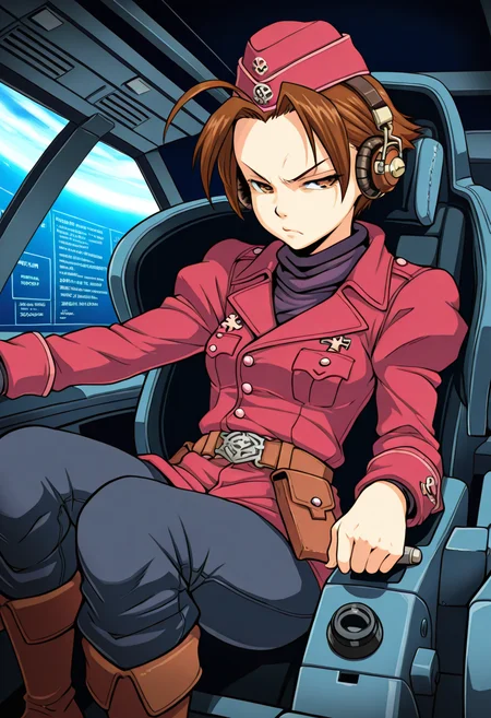 1girl,best quality,marymiyabi1, <lora:MaryMiyabi1ILL:0.9>,short hair,brown hair,uniform,hat,garrison cap,ahoge,brown eyes,pants,boots,headphones,sitting in cockpit,upper body,scowling,small breasts,solo