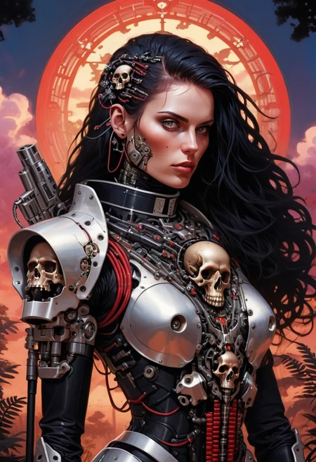 Red and black gritty pop art, closeup portrait, assassinkahb style, amazing quality, masterpiece, best quality, hyper detailed, ultra detailed, UHD, dof, hyper-realism, majestic, awesome, inspiring, Create a highly detailed Portrait of a silver painted mechanical woman resembling a weaponized sexy nun, a futuristic beautiful Warrior Girl with implemented intricate mechanical parts and wires: cyborg with large gun, and long black billowing hair, High collar argyle bodysuit with skull print embedded, Eerie translucent vibrant dawn behind highly volumetric fluffy translucent lighting clouds in a garden landscape with tree figures adorned. cinematic composition, soft shadows, national geographic style,
