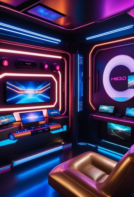 masterpiece, high quality,, a reij gaming room, neon color and ambient neon light, rusty details, hllo screens and console <lora:reij-neonelegance:0.7>