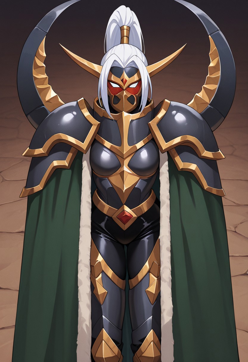 masterpiece, best quality, newest, absurdres, highres, 
vintage anime, 90s anime, 
NEPACK-Maiev-V1.1, armor, cape, green cape, mask,white hair, ponytail, high taied ponytail,