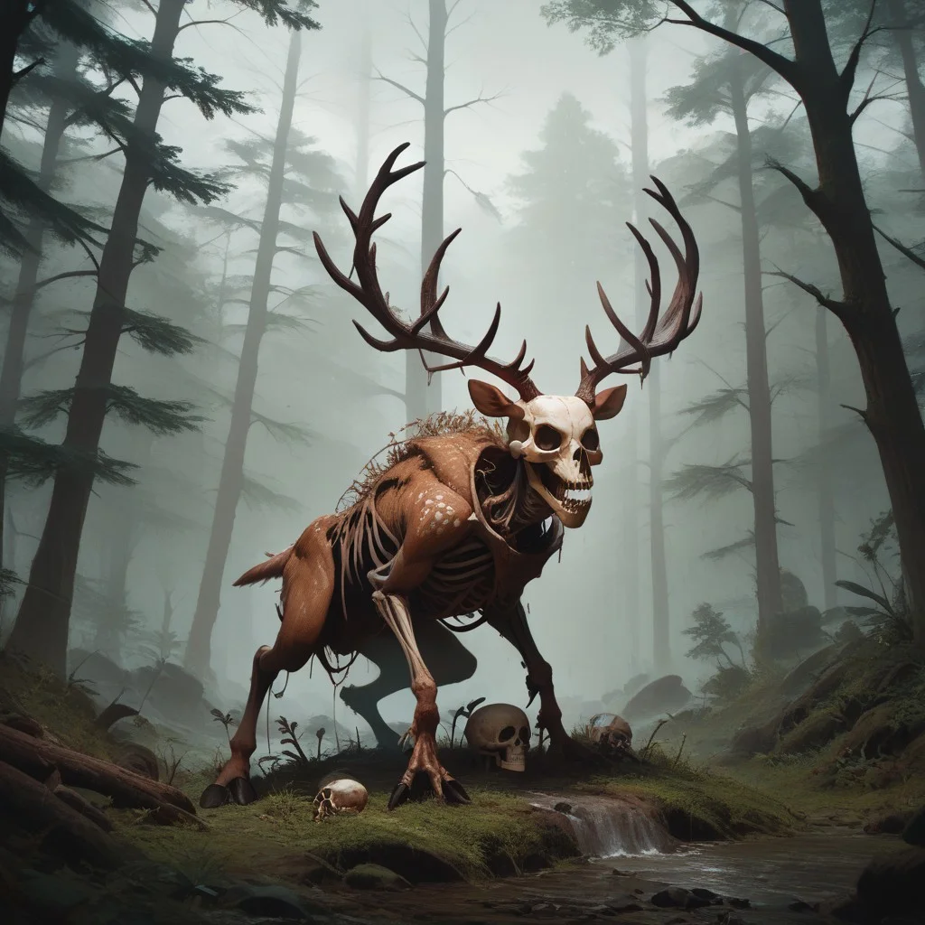score_9, score_8_up, score_7_up, score_6_up, masterpiece, 4k, high quality, (best quality:1.1), the forest, background, monster, dark forest, gloomy, skeleton ,deer