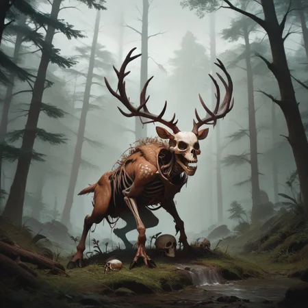 score_9, score_8_up, score_7_up, score_6_up, masterpiece, 4k, high quality, (best quality:1.1), the forest, background, monster, dark forest, gloomy, skeleton ,deer