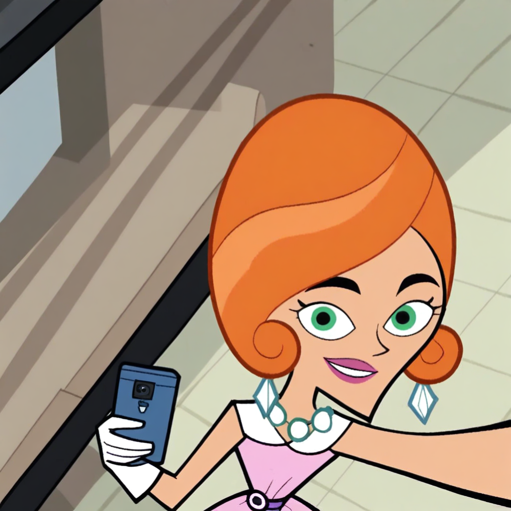 score_9, solo, pam_dp, orange hair, green eyes, earrings, necklace, dress, gloves, selfie, from above