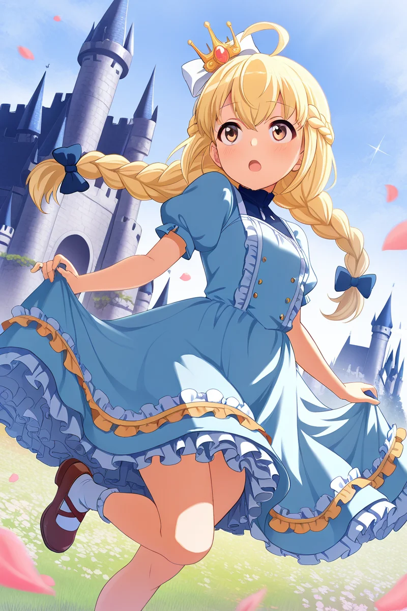 masterpiece, best quality, amazing quality,
<lora:Otori_IL:1> michiru, 1girl, blonde hair, braid, solo, twin braids, petals, dress, castle, crown, puffy short sleeves, open mouth, bow, puffy sleeves, socks, short sleeves, ahoge, brown eyes, shoes, hair bow, frills, blue dress, day, outdoors,