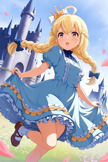 masterpiece, best quality, amazing quality,
<lora:Otori_IL:1> michiru, 1girl, blonde hair, braid, solo, twin braids, petals, dress, castle, crown, puffy short sleeves, open mouth, bow, puffy sleeves, socks, short sleeves, ahoge, brown eyes, shoes, hair bow, frills, blue dress, day, outdoors,