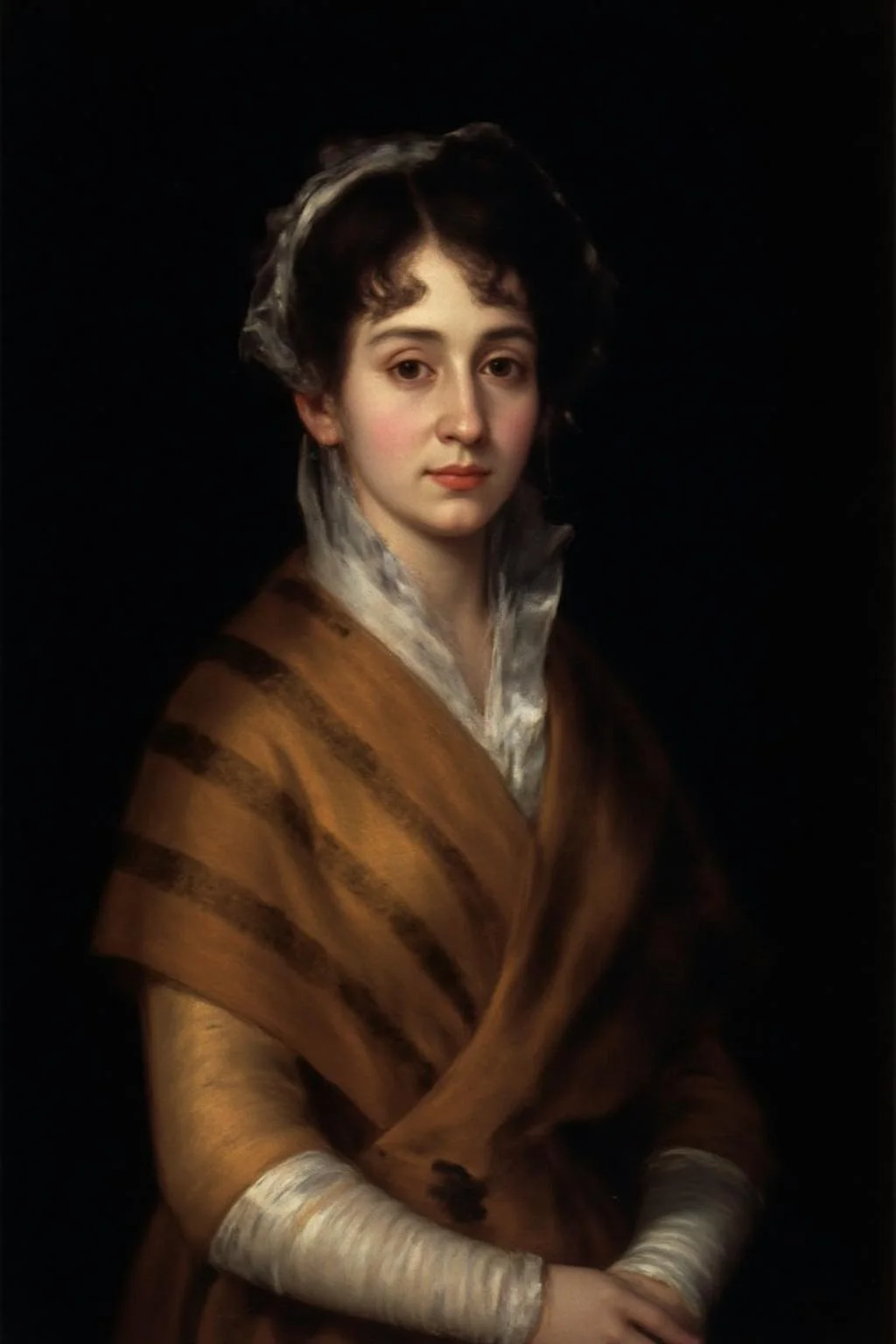 g0ya1 painting
A young woman dressed in a rich, deep brown dress with a subtle, darker brown pattern. The dress has a draped, flowing style typical of the 18th century, with a draped shawl or wrap over her shoulders and arms. The shawl appears to be a rich, warm brown color with a subtle texture, possibly velvet or silk. She wears a white ruffled collar under the dress, visible at the neck and wrists. <lora:g0ya1_cap_d6a3:1.0><lora:815800206042862910:0>