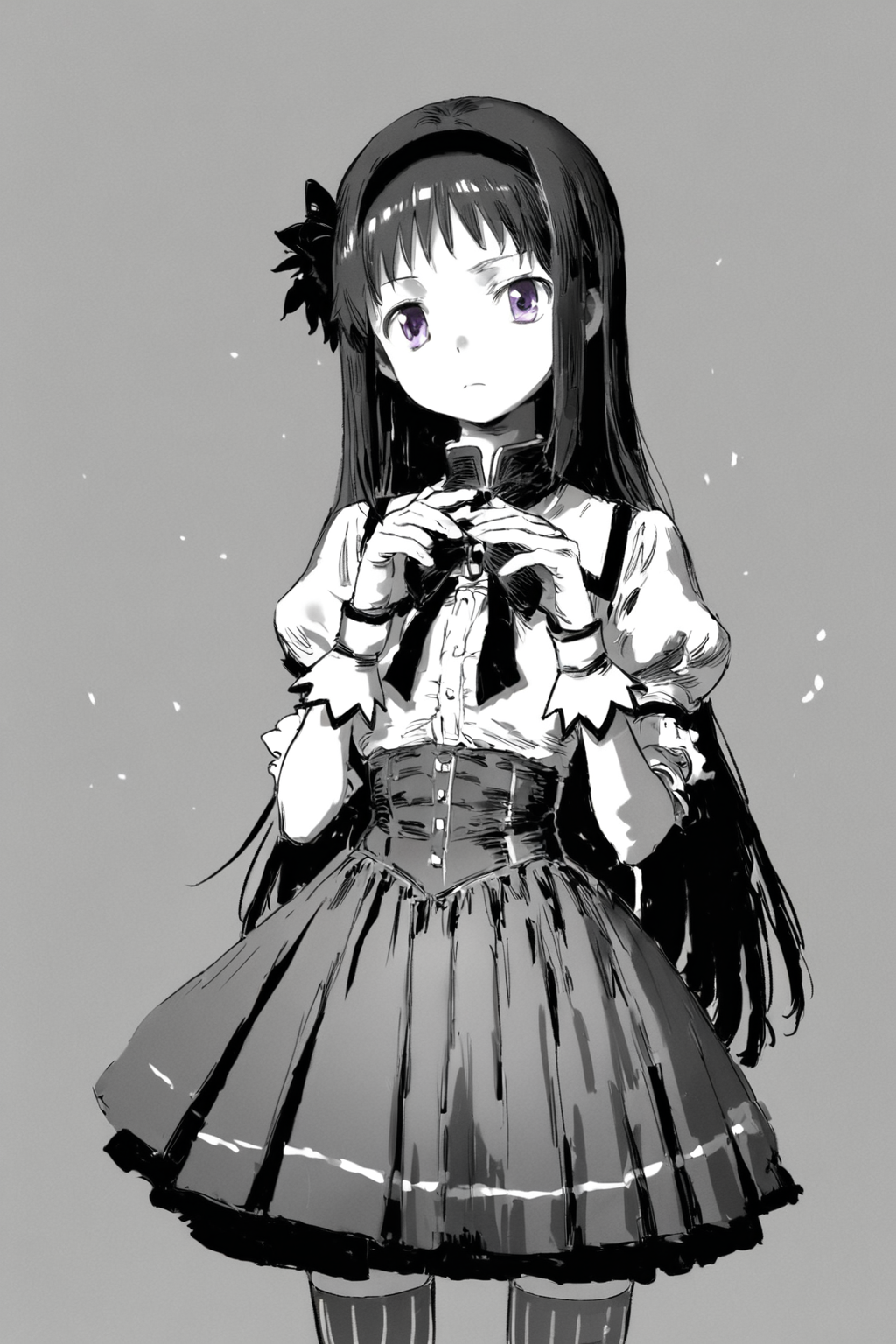 score_9, score_8_up, score_7_up, mahou shoujo madoka magica, akemi homura, black hair, black hairband, hairband, long hair, magical girl, pleated skirt, purple eyes, ribbon, skirt, solo, solo focus, cowboy shot, wide shot,high contrast, simple background, Posing with arms folded, looking serious., <lora:godiva_grey:1.3>, (monochrome:1.5), (greyscale:1.5)