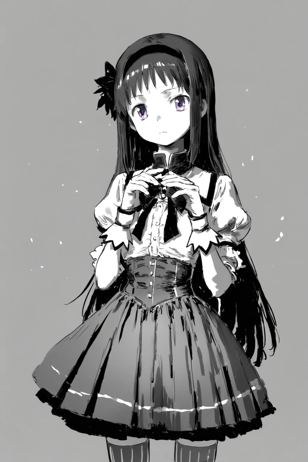 score_9, score_8_up, score_7_up, mahou shoujo madoka magica, akemi homura, black hair, black hairband, hairband, long hair, magical girl, pleated skirt, purple eyes, ribbon, skirt, solo, solo focus, cowboy shot, wide shot,high contrast, simple background, Posing with arms folded, looking serious., <lora:godiva_grey:1.3>, (monochrome:1.5), (greyscale:1.5)