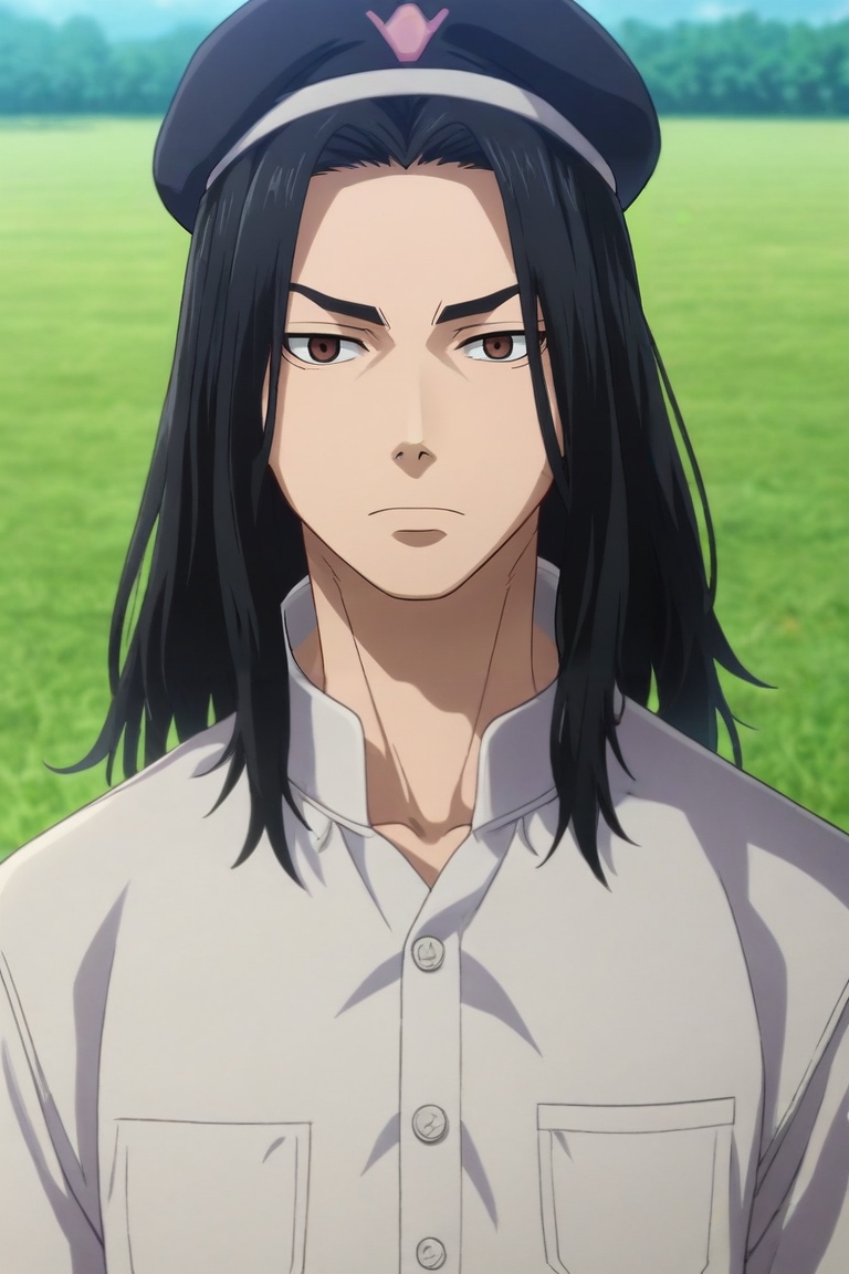 score_9, score_8_up, score_7_up, source_anime, rating_safe, intricate details, (photorealistic:0.6), , depth of field, 1boy, solo, male focus, <lora:keisuke_baji_pony:0.86>, keisuke_baji, black hair, brown eyes, long hair, , wide angle, wide shot, full body, field, dawn, twisted torso, expressionless, button-up shirt, beret, <lora:sdxl_lightning_8step_lora:1>