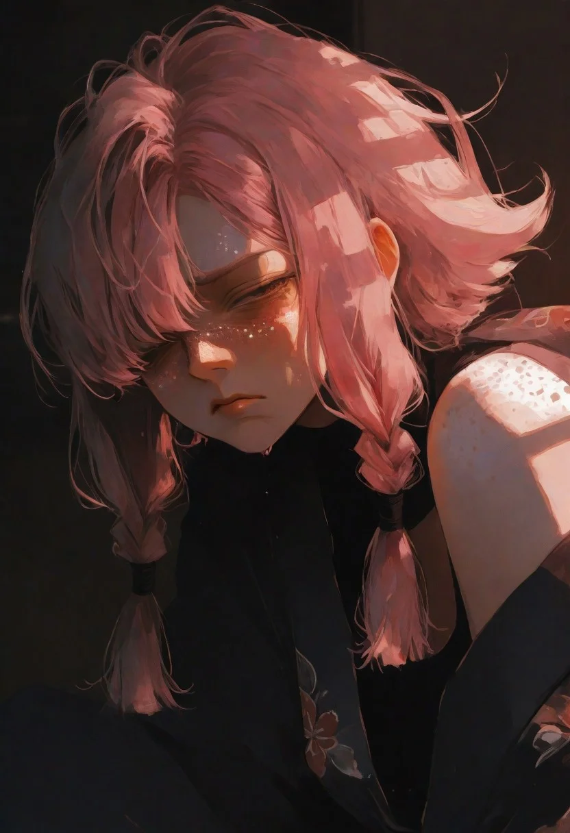 masterpiece,best quality,amazing quality,very aesthetic,newest,ultra detail, (score_9,score_8_up,score_7_up,score_6_up),hyper-detailed,ultra HD,cinematic lighting,(maeve:2.0),(looking at viewer:1.5),(pink hair:1.5,long braids:1.2),(deep emotional connection:1.4),(detailed facial features:1.4),(yellow eye:1.5,glowing eye:1.5,Cat pupil:2.0,Detailed eye),(white freckles,glowing freckles:2.0),small breasts,(bare shoulder:1.5),(Hanging breasts),(black kimono:1.5,kimono open,cleavage),(Tired expression:2.0),(dark circles under the eyes:1.0),(Sleeping face:1.5),(deeply distressed:1.5),reflective skin,shiny skin,wet skin,oiled skin,(wet clothes:1.5,wet kimono:1.5,skin-tight clothing),(squinting eye:1.5),tabi,Calf,plump lips,(Sitting:1.5),side locks,makeup,floral print,(extreme close-up of face:1.8),(three-quarter view),(head tilted back),(chin raised),(one eye covered by hair),(depth of field),(face focus:1.8),(soft blur in background),(asymmetrical bangs),(dramatic lighting), <lora:illustrious_all_rated_v1:0.5><lora:ppw_v7_noobE11_6_r2_0.05:0.6><lora:nhl-001:0.6> nhl-001,limited palette,realistic,BREAK
Japanese house, Moody lighting,<lora:wasabi_natsume_style_r1:0.8> wasabi_natsume_illu,abstract, surreal,<lora:748cm_illu:0.4> 7481llu