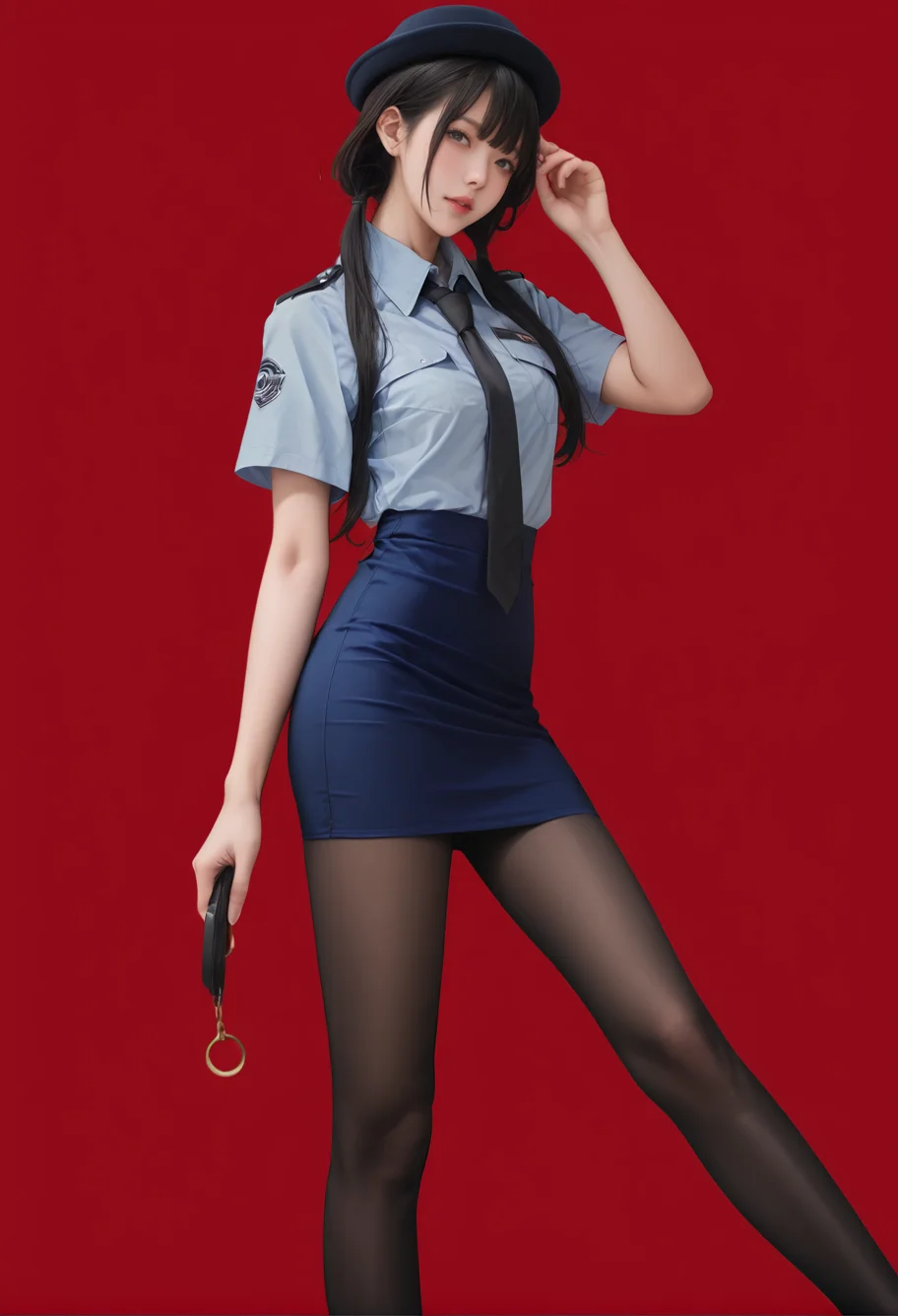 1girl,solo,red background,,ruanyi0820,black necktie,hat,blue shirt,blue skirt,black pantyhose,short sleeves,<lora:0820 tokisaki kurumi policewoman fan costume_v1_pony:0.9>, score_9,score_8_up,score_7_up,,8k,1girl,solo,,