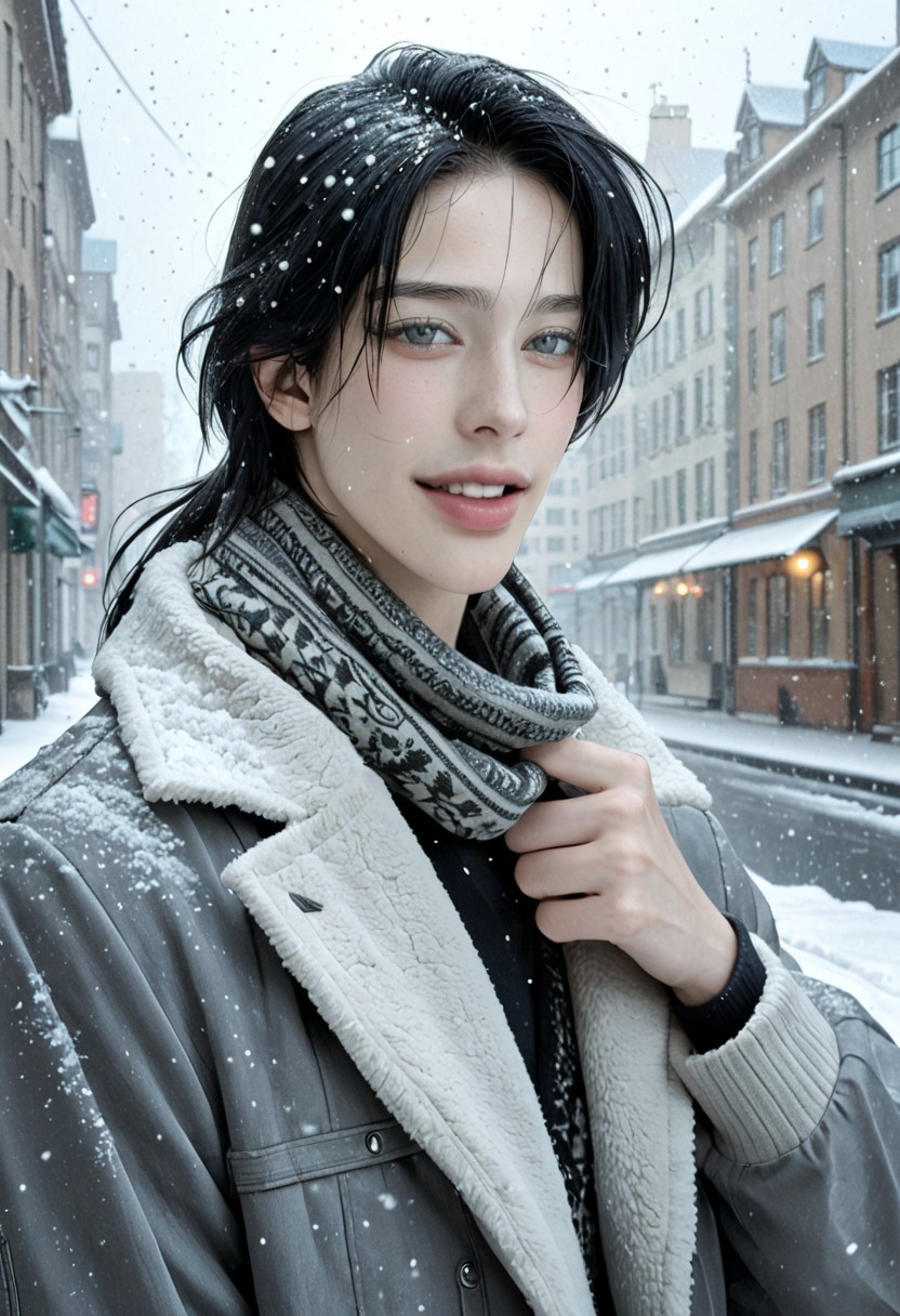 Ohiyo, S42BL, BLMANHWA, score_9, score_8_up, score_7_up , hyper realistic skin texture,  perfect realistic face, 1boy, handsome, androgynous, male focus, solo, sexy, seductive, black hair, grey eyes, oversized jacket with fur, scarf, snowing, city, morning, scoff, happy, parted lips, looking at viewer