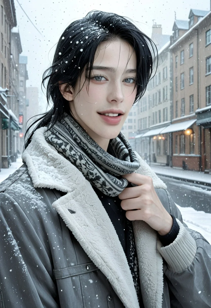 Ohiyo, S42BL, BLMANHWA, score_9, score_8_up, score_7_up , hyper realistic skin texture, perfect realistic face, 1boy, handsome, androgynous, male focus, solo, sexy, seductive, black hair, grey eyes, oversized jacket with fur, scarf, snowing, city, morning, scoff, happy, parted lips, looking at viewer