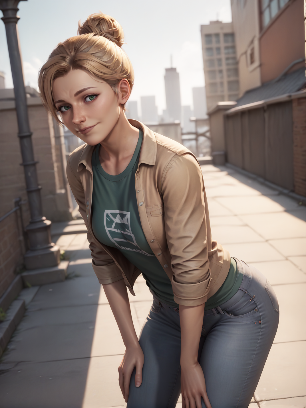score_9, score_8_up, score_7_up,,
1girl, solo, dynamic pose, dynamic angle, hands on knees, outdoors, light smile, cowboy shot, dutch angle, medium breasts, from side, sexy pose, looking at viewer, city, leaning forward, 
<lora:AZoeSplitFiction_character:0.8>, ZoeXL, blonde hair, hair bun, green eyes, denim, open jacket, pants, green shirt, <lora:Realistic_2.5DAnime_Merge1:0.6>