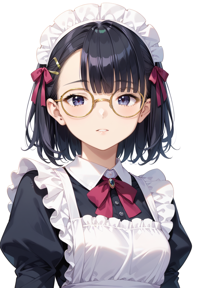 score_9, score_8_up, score_7_up, rating_safe, masterpiece, best quality, absurdres, unity 8k wallpaper, official art, official style, source_anime, uncensored, game cg, megami magazine,
1girl, solo, black hair, medium hair, upper body, covered eyes,maid, maid headdress, black dress, maid apron, face focus,
round_glasses22A, glasses, still life, white background, simple background, yellow-framed eyewear,
 <lora:glasses_Round_PONY_V1:1>