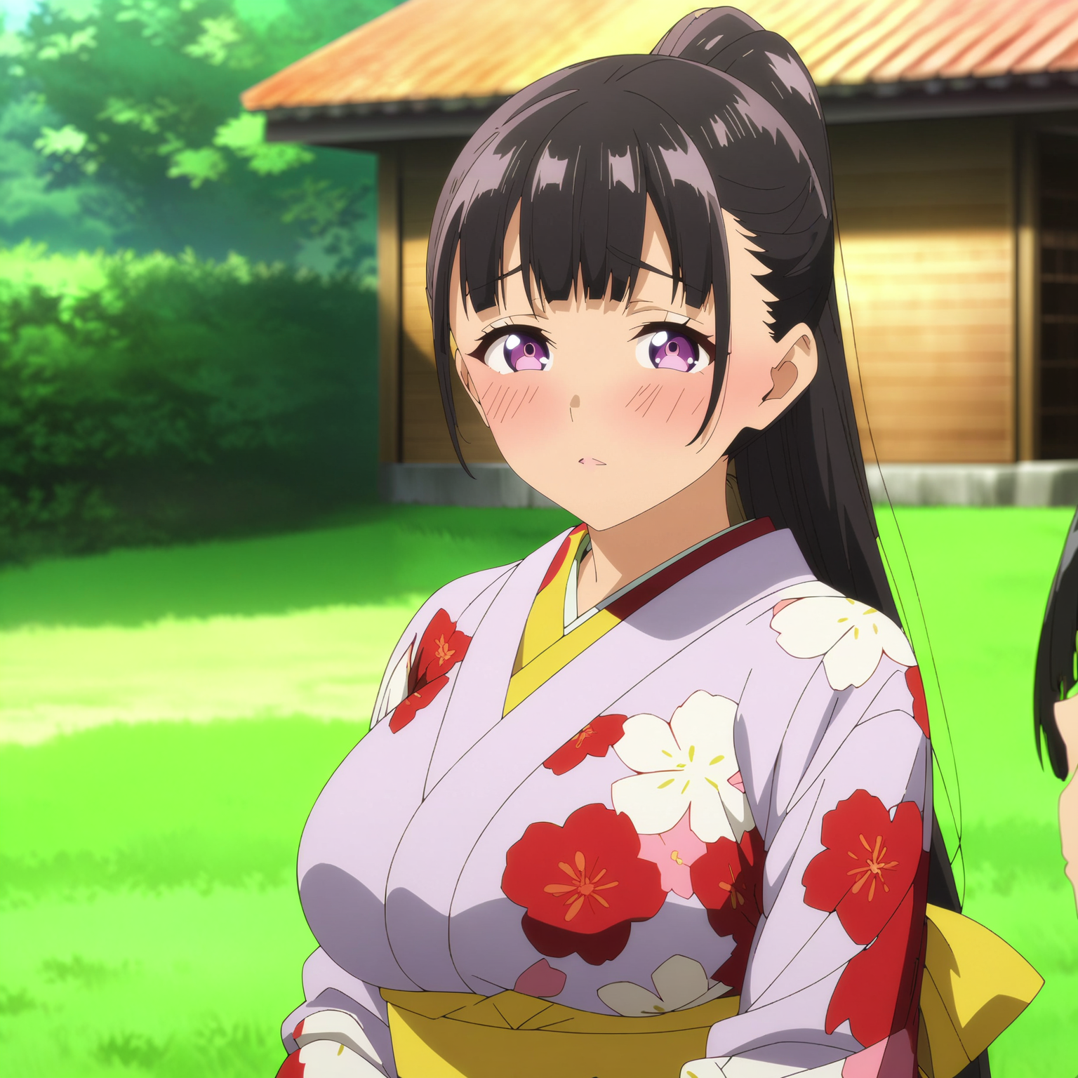 <lora:YuiTachibanaXL001>,<lora:bold-16oa:-0.5>,
masterpiece,best quality,ultra-detailed,8K,best illustration,very aesthetic,absurdres,anime screencap,official art,
blush,looking at viewer,
solo,
YuiTachibana,1girl,black hair,purple eyes,ponytail,large breasts,
outdoors,lawn,print_kimono,