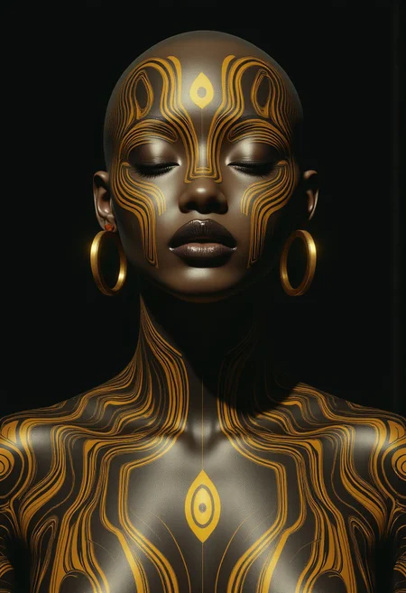 Tony Rodriguez style. This is a highly detailed, surrealistic watercolor painting of a close-up of a person's upper torso and head. The subject is a bald woman with dark skin, adorned with intricate, tribal-style tattoos that cover her entire face and chest. The tattoos are done in a gold and black color scheme, with elaborate patterns and geometric designs that include symmetrical swirls, triangles, and abstract shapes. The woman's facial features are barely discernible due to the extensive tattooing, which extends from her forehead, around her eyes, and down to her lips. Her eyes are closed, and her expression is calm and serene. She wears large gold hoop earrings and has a slight smile, adding a subtle, serene expression to her face. The background is completely black, which contrasts sharply with the gold and black tattoos, making them stand out prominently. The lighting is soft and diffused, highlighting the smooth texture of the skin and the intricate details of the tattoos. The overall style of the artwork is contemporary and abstract, with a strong emphasis on geometric patterns and bold, contrasting colors.