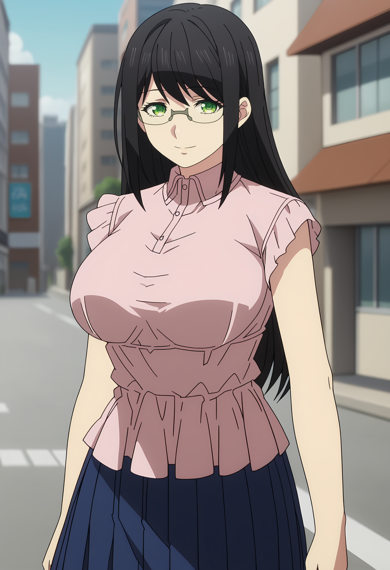 score_7_up, anime screencap,
<lora:ShuumatsuNoHarem_HanyuuYuzukiXL:0.9>,
1girl, solo, closed mouth, light smile,
black hair, long hair, green eyes, semi-rimless eyewear,
HanyuuYuzuki, frilled shirt, pink shirt, short sleeves, large breasts, pleated skirt, long skirt, blue skirt, black pantyhose,
standing, looking at viewer, cowboy shot,
city, street, outdoors, blurry background