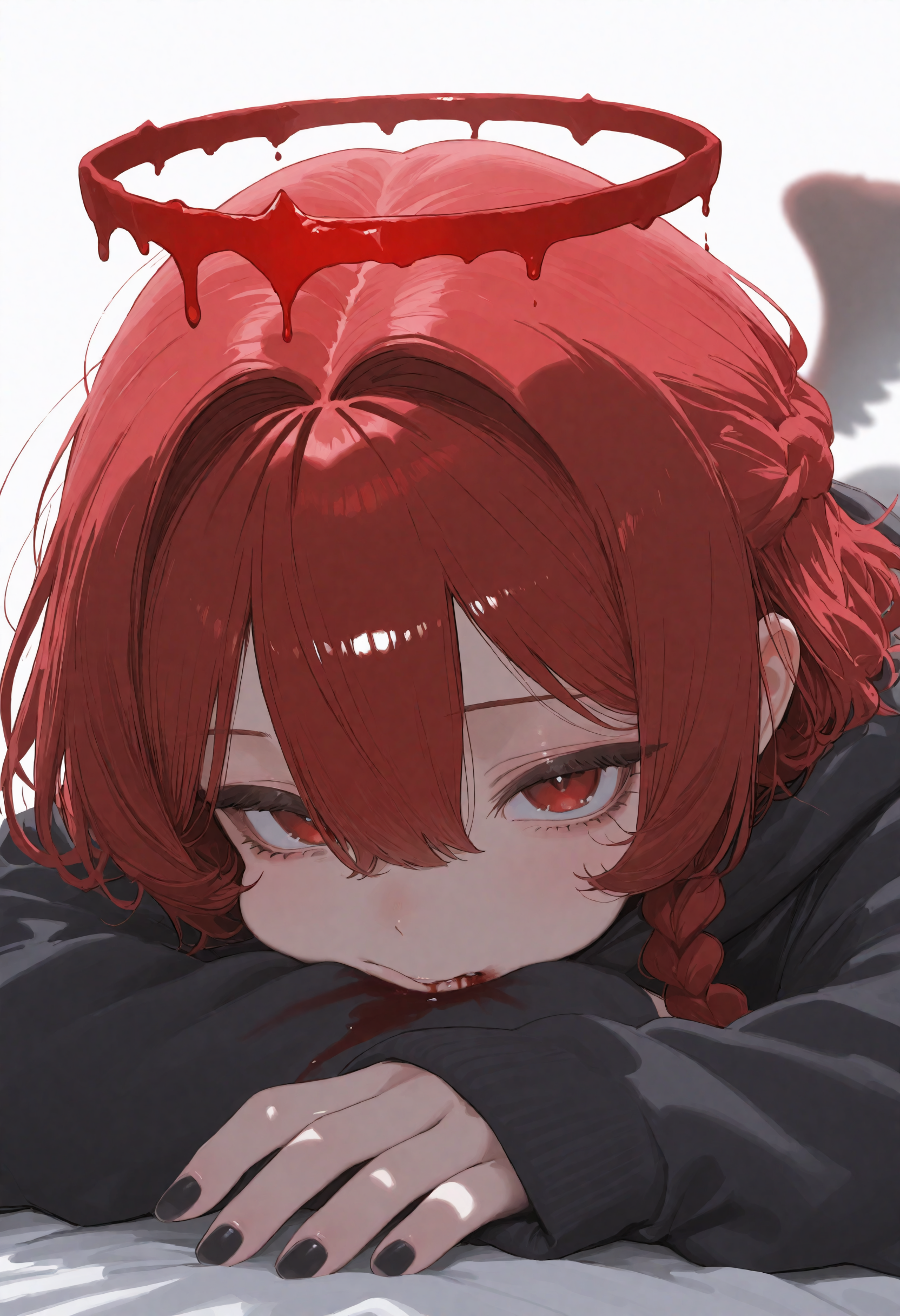 masterpiece, best quality, newest, absurdres, highres, very awa, anime screencap, limited palette, no lineart, sketch, traditional media, white background, simple background, halo, 1girl, red eyes, red hair, solo, blood, black nails, red halo, braid, blood from mouth, on stomach, lying, long sleeves, black sweater, hair between eyes, sweater, hugging object, wings, sleeves past wrists, looking at viewer, black hoodie