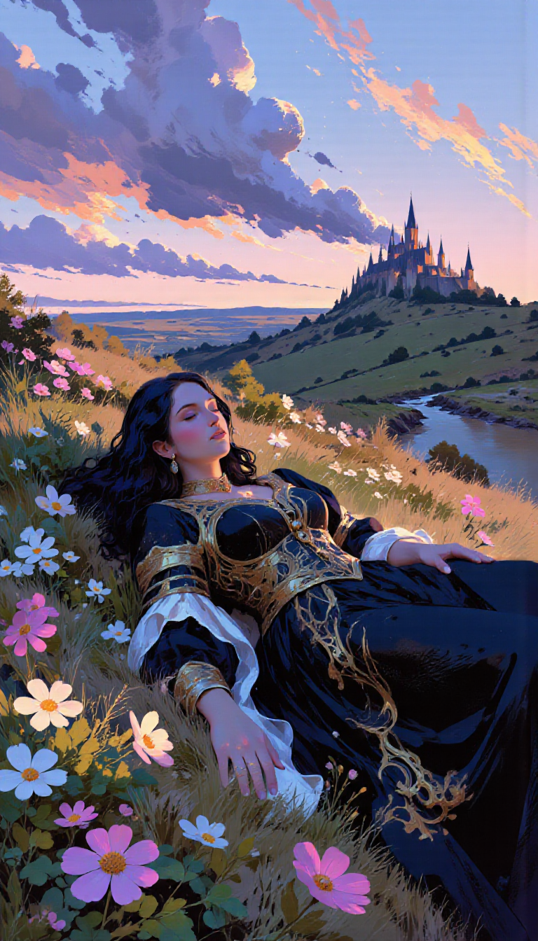 pscho_4rt,mythp0rt,very wide angle, put subject further away, small subject, A digital illustration shoot from the side about a fantasy scene featuring a woman reclining among flowers with a castle in the background during sunset. the image also shows vibrant colors and intricate details. on the middle of the image, a woman, who appears to be in her mid-twenties, with black hair, is lying on her back in a field of flowers, wearing a dark, ornate dress with intricate patterns and a long, flowing skirt. she has a serene expression, with her eyes closed and her mouth slightly open, as if she is lost in thought. her body is slim, and she has large breasts. she is wearing a black dress with ornate patterns, and her dress has intricate details and a flowing skirt that falls to her knees. her hair is long and wavy, and it falls down her back. her eyes are closed, giving her a peaceful and contemplative look. the woman is surrounded by a magical, ethereal atmosphere, with a pink and blue sky filled with clouds and a distant, ruined castle with tall spires in the distance. in the foreground, there are flowers blooming, adding to the dreamy and ethereal feel of the scene.  1girl, solo, long hair, breasts, large breasts, dress, closed eyes, flower, outdoors, lying, sky, cloud, on back, black dress, lips, blue sky, pink clouds, colored skin, grass, pink flower, castle  camera_angle: from side, art_style: digital illustration, location: fantasy setting, background: a castle with towers and towers surrounded by flowers at sunset, text: NA, distance_to_camera: full body, clothing: ornate gown, image_composition: middle, pants: NA;NA, accessory: none, shoes: no shoes, action: reclining in flowers, facing_direction: facing away;facing away, eye_color: closed eyes;closed eyes, facial_expression: serene, gender: 1woman, hair_color;black hair, hairstyle: long hair;long hair, race: light skin;light skin, body: slim