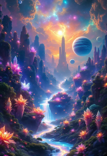 In a stunning celestial tableau, a distant planet's landscape unfolds: towering, iridescent flora illuminates against a backdrop of floating islands suspended within a radiant nebula. Crystalline formations and glowing, extraterrestrial plants mingle amidst rivers of shimmering liquid light, casting an ethereal glow across the terrain. In the distance, luminescent creatures blend seamlessly with the fantastical environment, as multiple moons and a giant, ringed planet dot the horizon, further elevating the surreal beauty of this alien world.