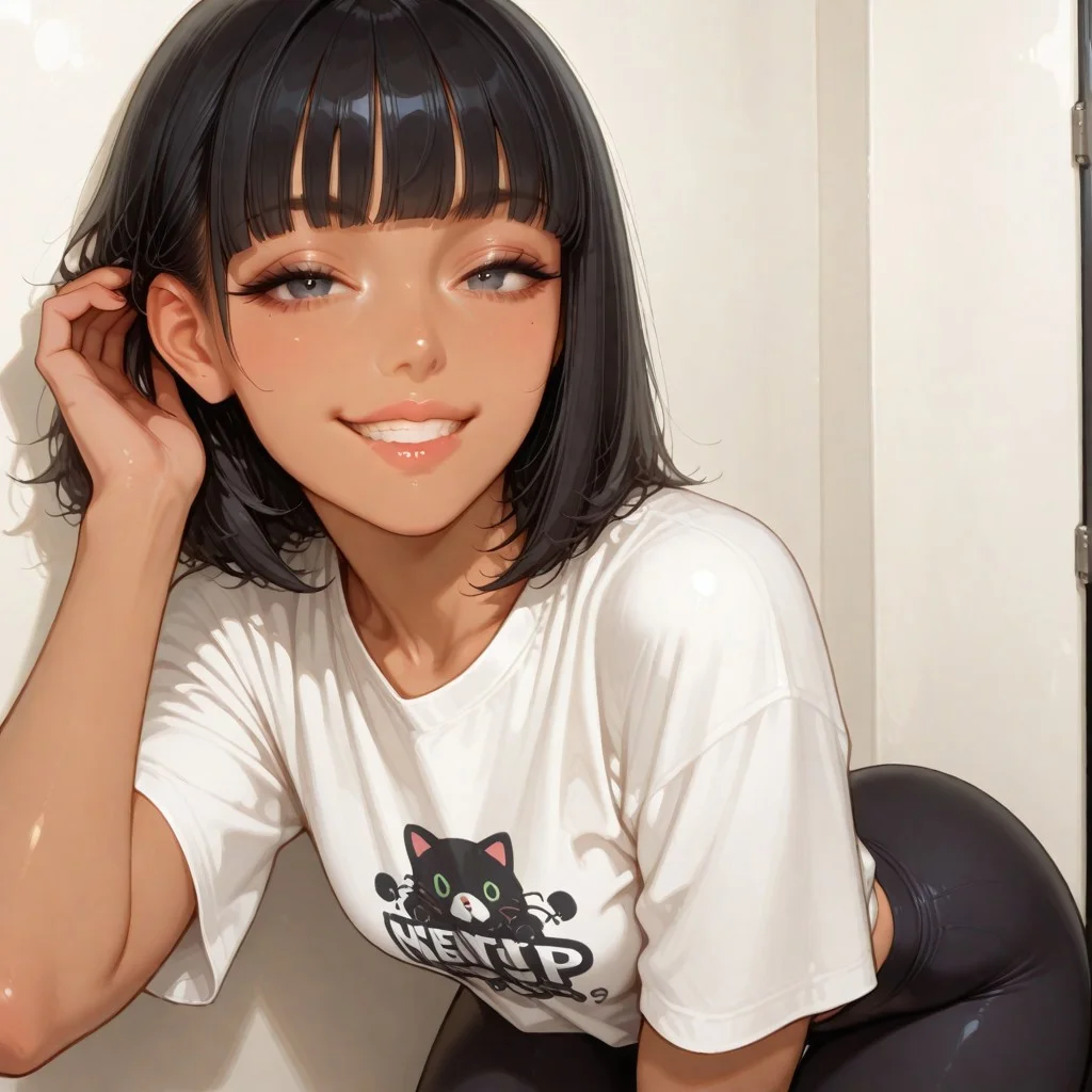 masterpiece, best quality, good quality, newest, highres, absurdres, even lighting, (score_9, score_8_up, score_7_up), perfect eyes, solo, 1girl, 20 years old, black hair, fit, slim, busty petite, thicc butt, black eye color, seductive eyes, lip bite grin, hentai tshirt, yoga pants, straight hair, blunt bangs, short hair, tanned skin, tucking hair behind ear, plain wall background, realistic proportions, comfy room