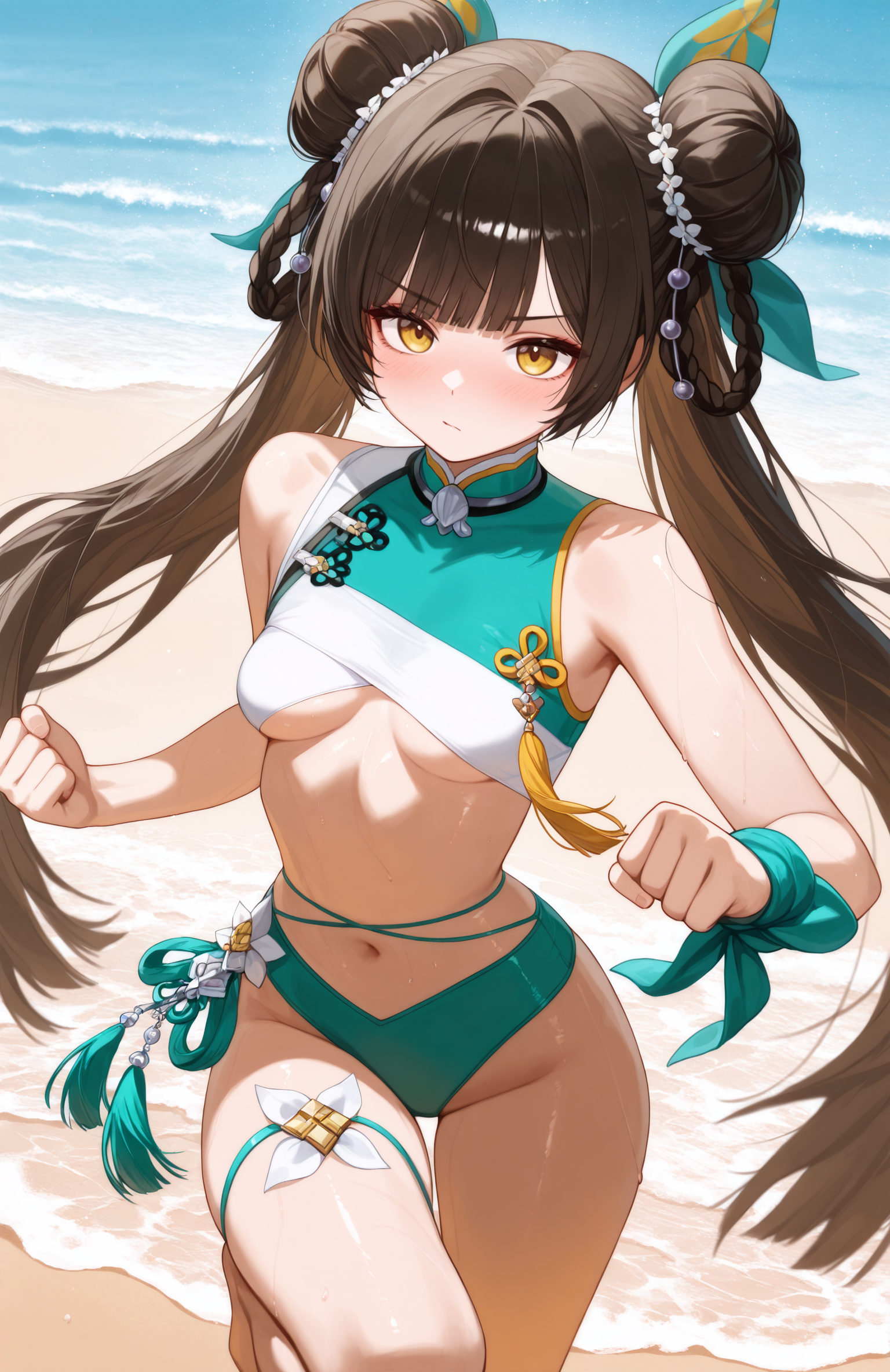 masterpiece, best quality, 1girl, Ldn, black hair, yellow eyes, double bun, low twintails, braided hair rings, cross-laced bikini, multicolored bikini, charm (object), aqua bikini, white bikini,  hair ornament, wrist ribbon, tassel, hair ribbon, pendant choker, thigh strap, underboob, bare shoulders, hair beads, fighting stance, leg up, beach,  <lora:Summer toast 5:1>
