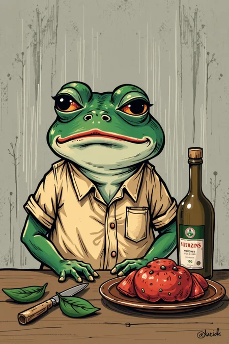 Natürlich! Hier ist der angepasste Prompt mit einem passenden afrikanischen Wüstensetting: Prompt: A sad anthropomorphic frog character in a vintage cartoon style, half-body view (torso visible), slouched posture, droopy eyes, muted green skin, thick black outlines, red lips, wearing a plain shirt, minimal shading, flat pastel colors, paper texture, meme-inspired art, hand-drawn aesthetic, grey background
