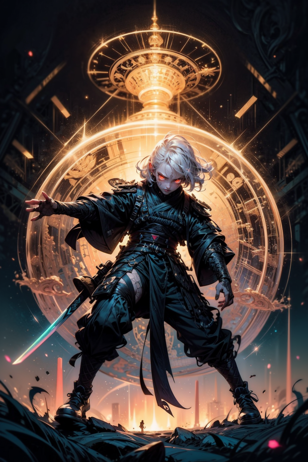 (Masterpiece:1.2), best quality, (illustration:1.2),eye focus,(Masterfully crafted Glow:1.3), (ultra-detailed), hyper details, (delicate detailed), (intricate details), (cinematic light, best quality Backlights), clear line,solo female,(Fear,Nightmare,Tension,Suspense,Murder), solo female, perfect body, (1girl),(hair glow:2),(translucent hair:2), (bioluminescent hair:2), (glowing eyes:1.3), (ronin clothing),red aura, (magical:1.4), wide open eyes, (Dynamic:1.2), ((makeup)), high contrast, (best illumination, an extremely delicate and beautiful), ((cinematic light)), (((colourful))),((Photoshop Pastel Painting:1.1)), horror, (Cinematic masterpiece), fierce, powerful, splashes of colour, absolutely eye-catching, ((colourful paint splashes on background, dulux,)), ((caustic)), dynamic angle,beautiful detailed glow, (Captivating),(Intricate Detailed Cinematic shrine),scary, ornate background, detailed magic circle, colour dodge, light motion blur, swirling black light around the character, depth of field,mist light particles ,(gold magic circle:1.3), (action scene:1.3),(ornate Ronin:1.4), glowing fog, (Mist:1.2), intense expression, edgy, (wearing kasa:2),flared eyes, (samurai hair ornament), (spear:1.1), (red eyes), <lora:urbansamuraiv3testing:0.5>, holstered katana, cyberpunk, (black hair:1.3)