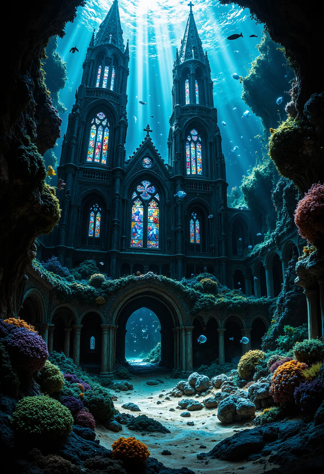 A surreal underwater scene featuring an ancient, sunken cathedral with its towering spires reaching up toward the surface. The cathedral is encrusted with colorful corals, and schools of bioluminescent fish swim gracefully through its stained-glass windows. The water is clear, with rays of sunlight filtering down, creating a serene yet eerie ambiance. The floor of the cathedral is covered in soft sand, with ancient, broken statues and relics scattered around. The image captures the mysterious beauty of an underwater world where time seems to stand still. <lora:flux_vividizer:0.8> <lora:aidmaMJ6.1-FLUX-V0.1:0.6> midjourneyv6.1,
